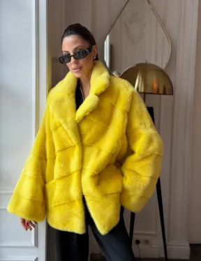 Норковый полушубок английский воротник, паркет - цвет лимонный