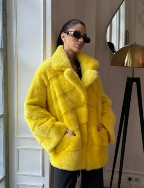 Норковый полушубок английский воротник, паркет - цвет лимонный