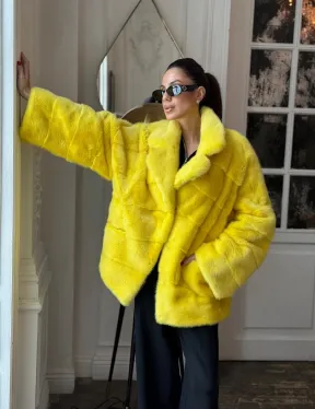 Норковый полушубок английский воротник, паркет - цвет лимонный