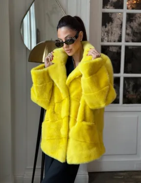 Норковый полушубок английский воротник, паркет - цвет лимонный