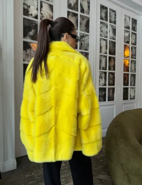 Норковый полушубок английский воротник, паркет - цвет лимонный