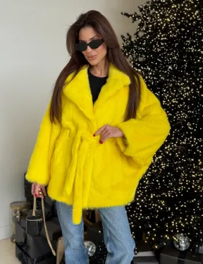 Шуба норковая летучая мышь роспуск - цвет лимонный (желтый)