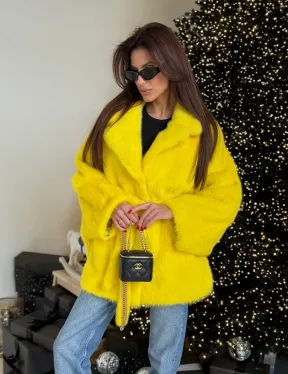 Шуба норковая летучая мышь роспуск - цвет лимонный (желтый)