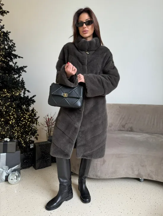 Норковая шуба стойка воротник - цвет графит