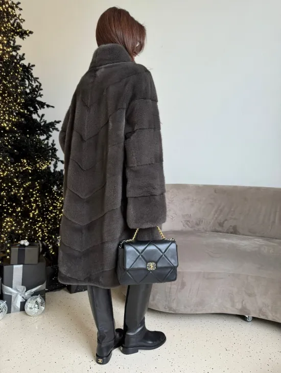 Норковая шуба стойка воротник - цвет графит