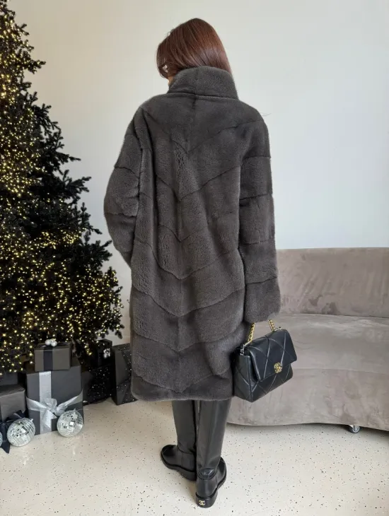 Норковая шуба стойка воротник - цвет графит