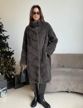 Норковая шуба стойка воротник - цвет графит