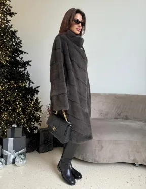 Норковая шуба стойка воротник - цвет графит