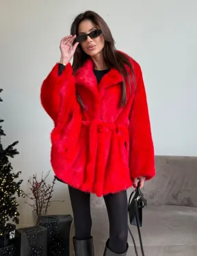 Красная норковая шуба - летучка английский воротник