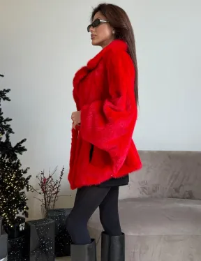 Красная норковая шуба - летучка английский воротник