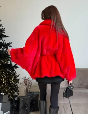 Красная норковая шуба - летучка английский воротник