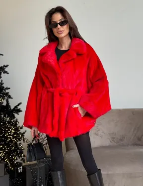 Красная норковая шуба - летучка английский воротник