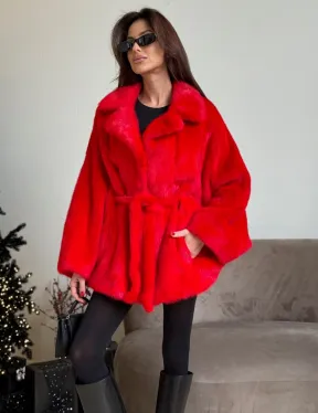 Красная норковая шуба - летучка английский воротник
