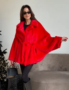 Красная норковая шуба - летучка английский воротник