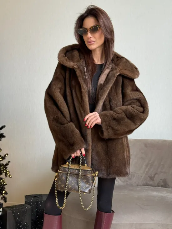 Норка автоледи с капюшоном, роспуск в цвете орех