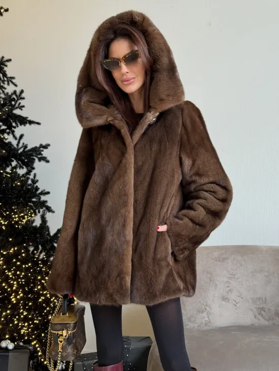 Норка автоледи с капюшоном, роспуск в цвете орех