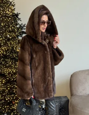 Норковый жакет с капюшоном, роспуск в цвете орех