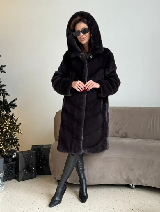 Норковая шуба с капюшоном, паркет - цвет инжир