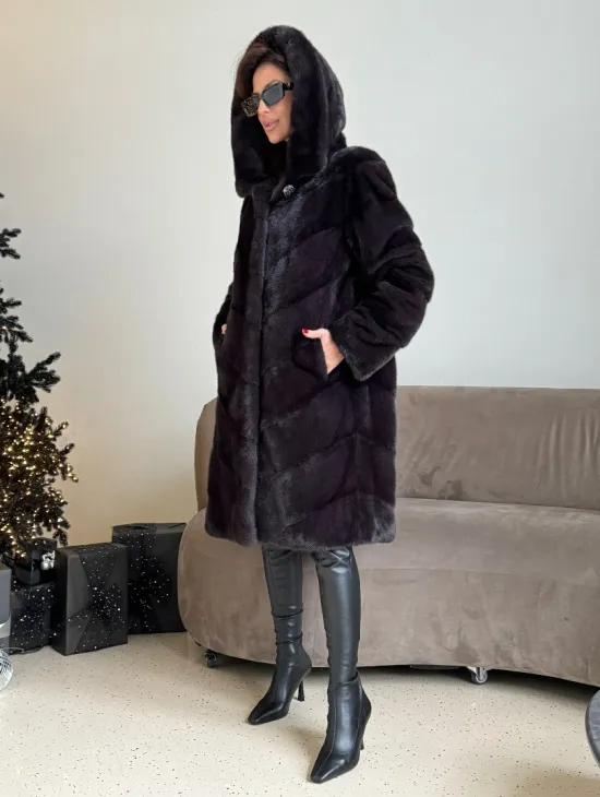 Норковая шуба с капюшоном, паркет - цвет инжир