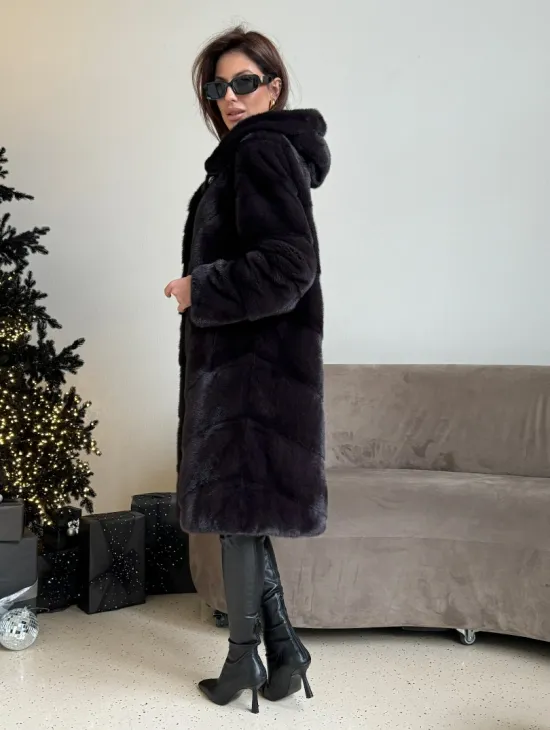 Норковая шуба с капюшоном, паркет - цвет инжир