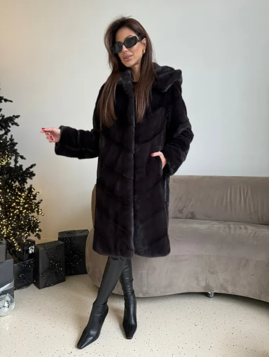 Норковая шуба с капюшоном, паркет - цвет инжир