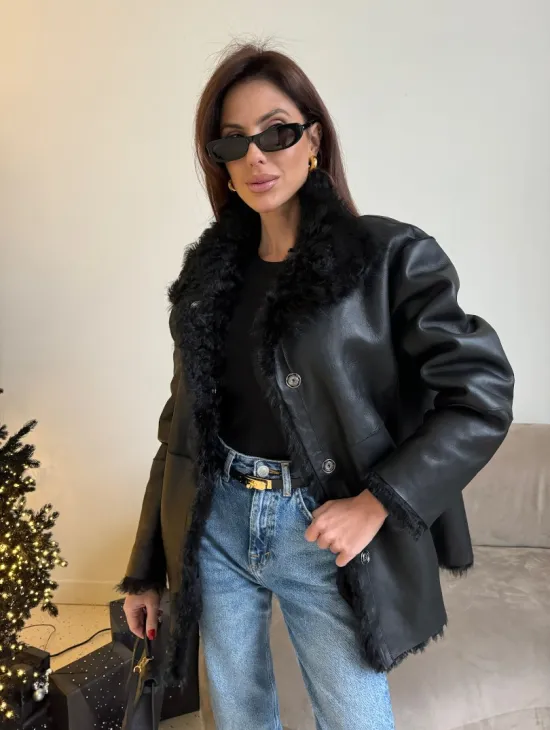 Двусторонняя дублёнка, мех тиградо - цвет черный