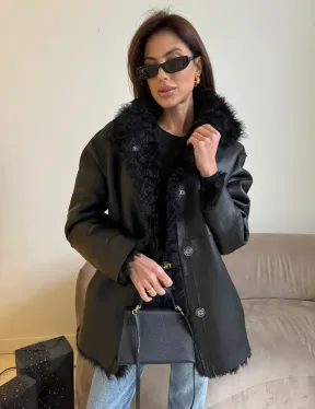 Двусторонняя дублёнка, мех тиградо - цвет черный