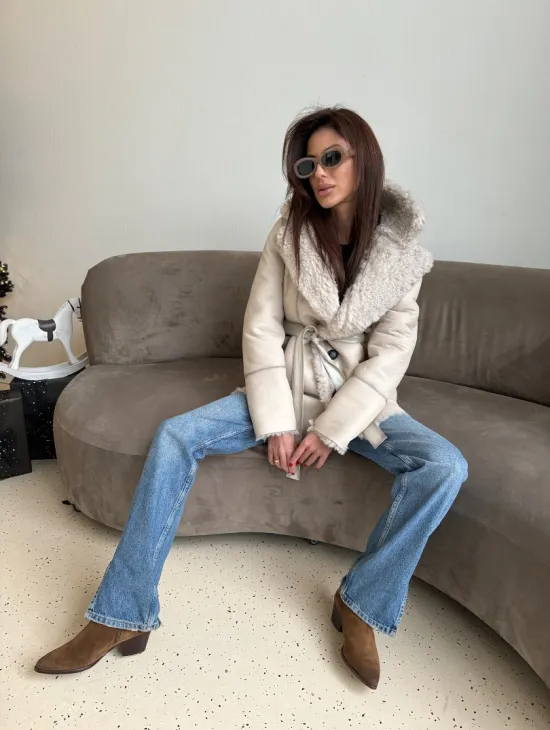 Двусторонняя дублёнка - шуба, мех тиградо английский воротник