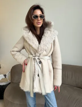 Двусторонняя дублёнка - шуба, мех тиградо английский воротник