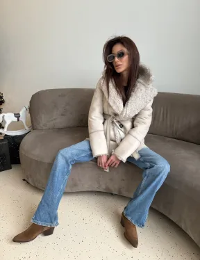 Двусторонняя дублёнка - шуба, мех тиградо английский воротник