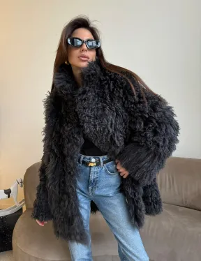 Двусторонняя шуба - дубленка из овчины цвет графит
