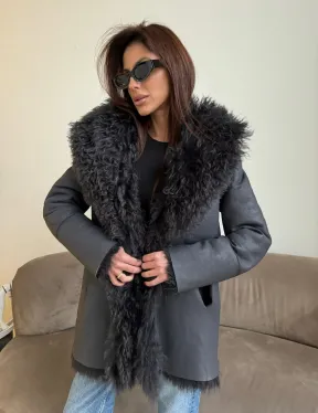 Двусторонняя шуба - дубленка из овчины цвет графит