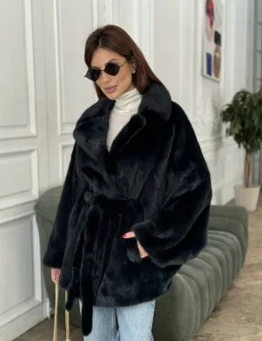 Шуба летучая мышь английский воротник, роспуск мех норка - цвет черный изумруд