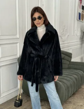 Шуба летучая мышь английский воротник, роспуск мех норка - цвет черный изумруд