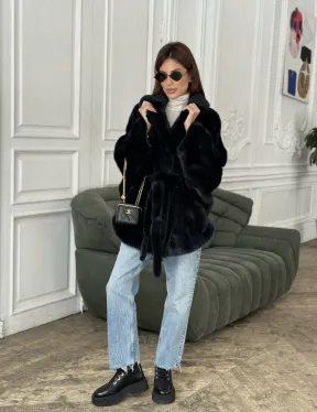 Шуба летучая мышь английский воротник, роспуск мех норка - цвет черный изумруд