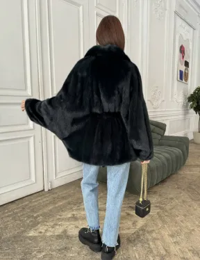 Шуба летучая мышь английский воротник, роспуск мех норка - цвет черный изумруд