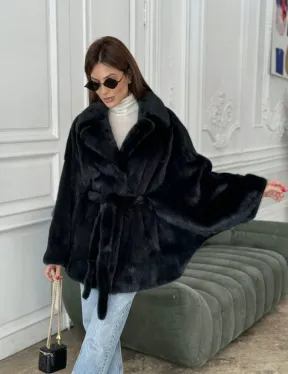 Шуба летучая мышь английский воротник, роспуск мех норка - цвет черный изумруд