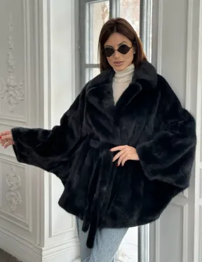 Шуба летучая мышь английский воротник, роспуск мех норка - цвет черный изумруд