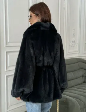 Шуба летучая мышь английский воротник, роспуск мех норка - цвет черный изумруд