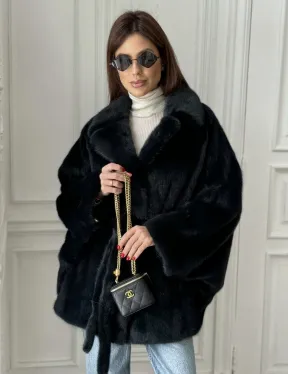 Шуба летучая мышь английский воротник, роспуск мех норка - цвет черный изумруд