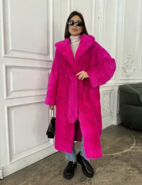Норка кимоно с капюшоном, паркет - цвет фуксия