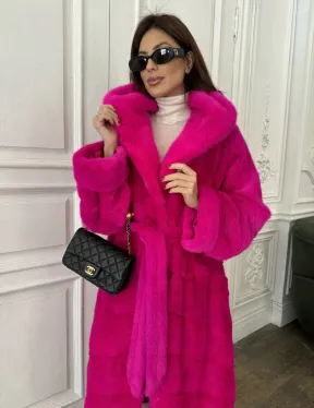 Норка кимоно с капюшоном, паркет - цвет фуксия