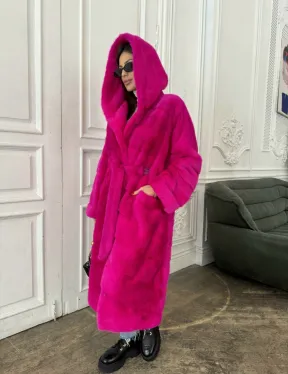 Норка кимоно с капюшоном, паркет - цвет фуксия