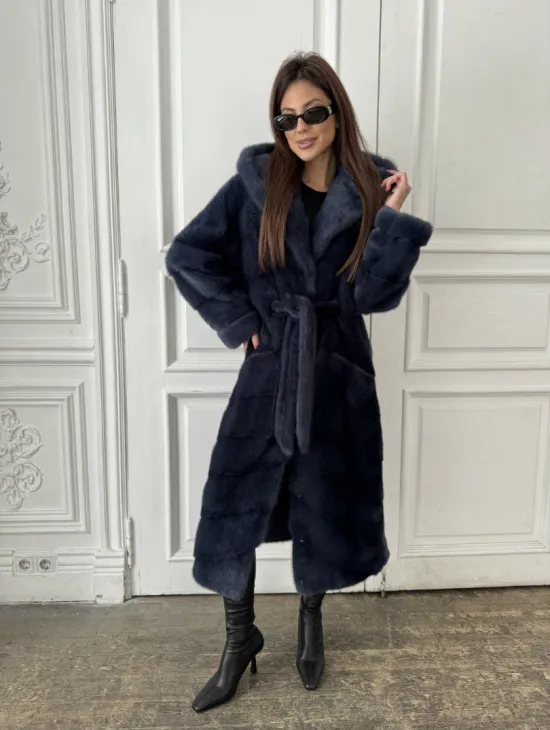 Норковая шуба с капюшоном под пояс - цвет темно-синий
