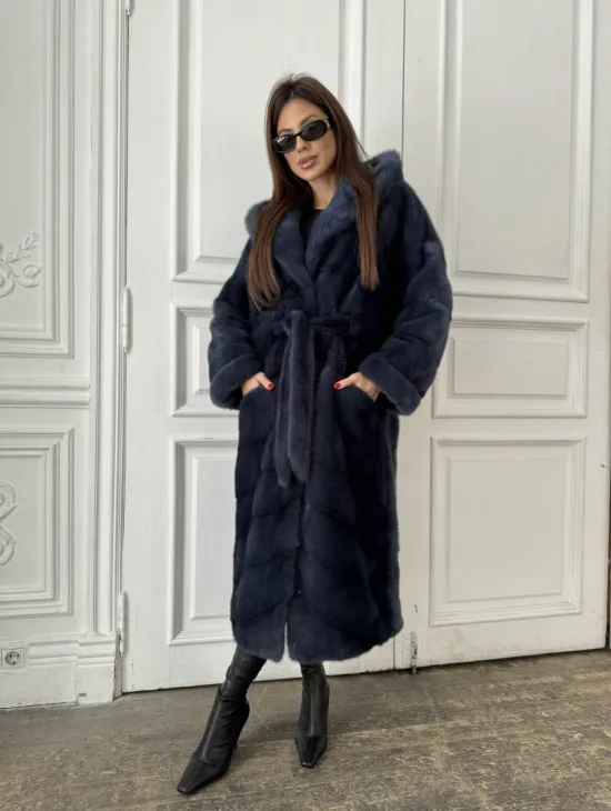 Норковая шуба с капюшоном под пояс - цвет темно-синий