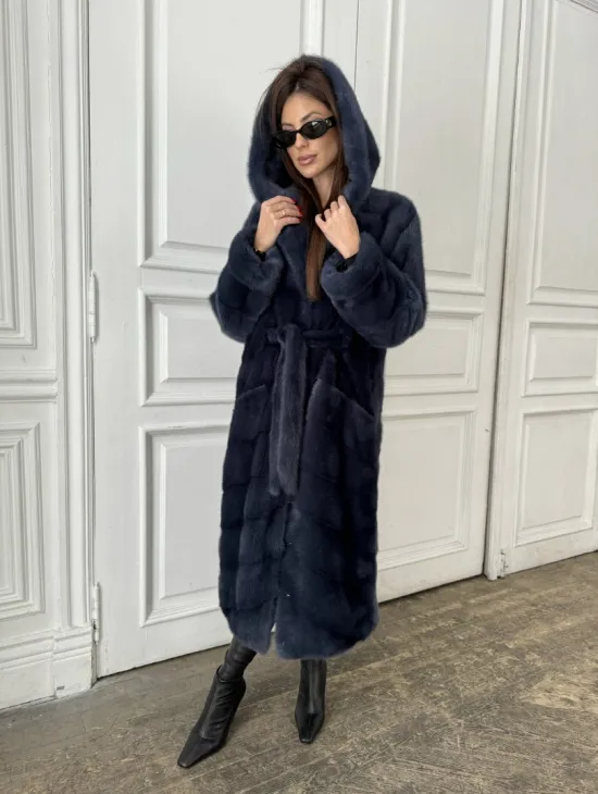 Норковая шуба с капюшоном под пояс - цвет темно-синий