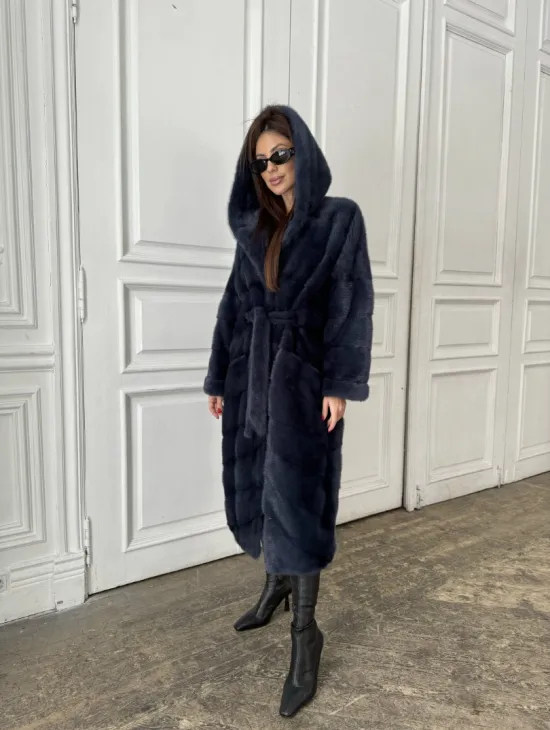 Норковая шуба с капюшоном под пояс - цвет темно-синий