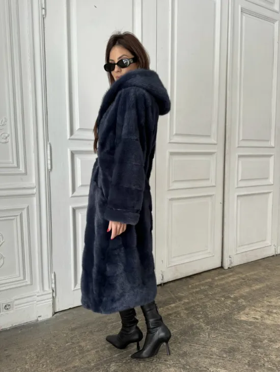 Норковая шуба с капюшоном под пояс - цвет темно-синий