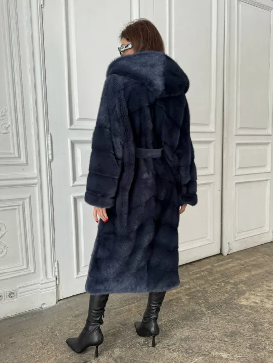 Норковая шуба с капюшоном под пояс - цвет темно-синий
