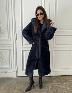 Норковая шуба с капюшоном под пояс - цвет темно-синий